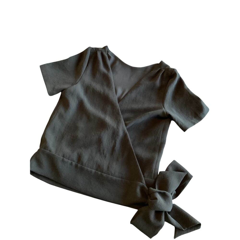 Sézane Women's Short Sleeve Tie Waist Wrap Blouse Top Minimal Chic Black Size 40